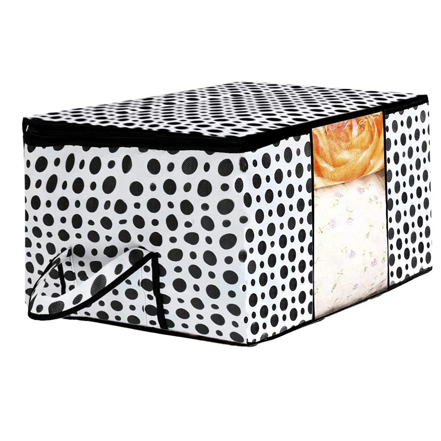 Kuber Industries Polka Dot Design 2 Piece Non Woven Fabric Underbed Storage Bag,Cloth Organiser,Blanket Cover with Transparent Window, Cream & White -CTKTC41040