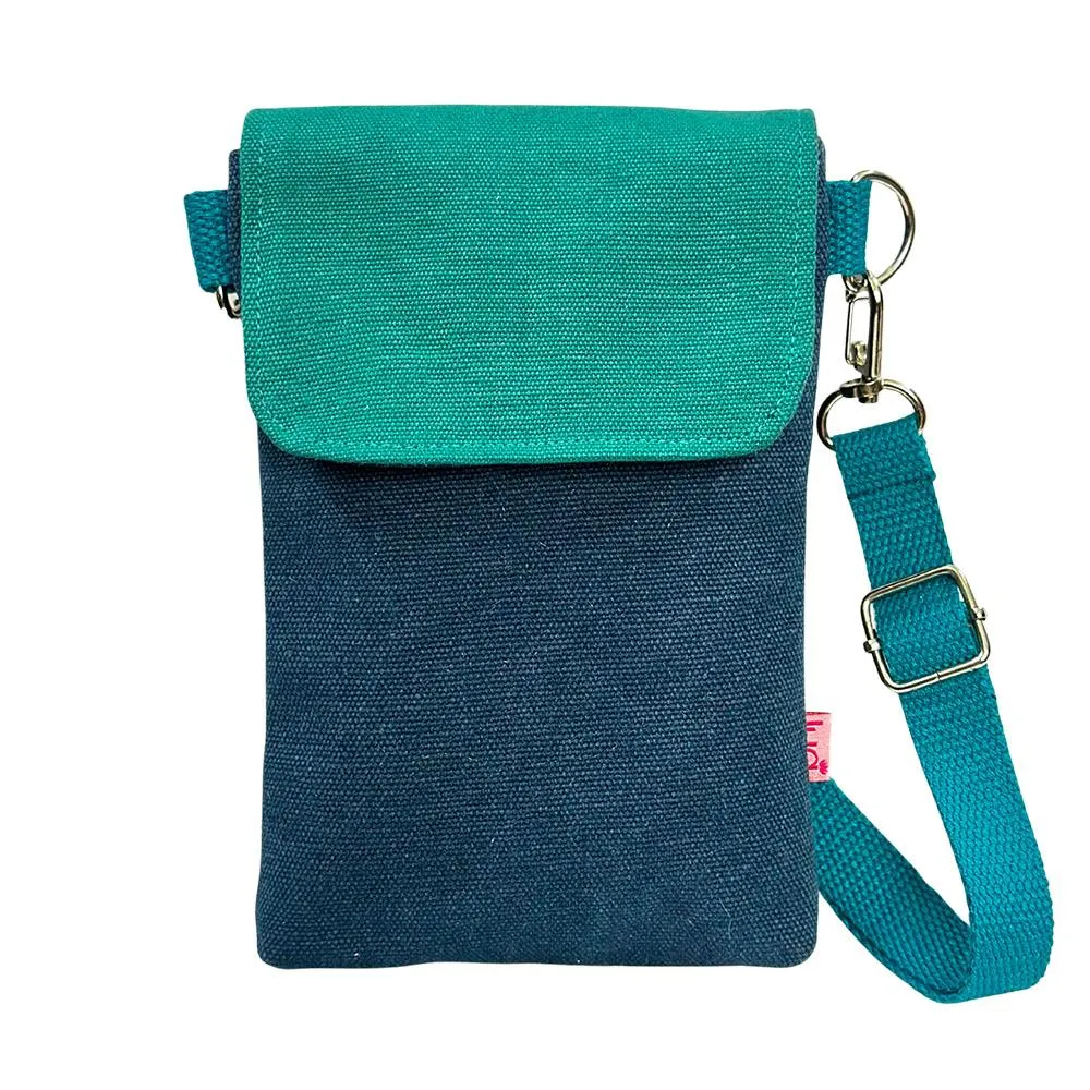 Lua - Thick Cotton Canvas Mobile Phone Pouch/Crossbody Bag - Denim Blue/Green  - 13 x 19cms