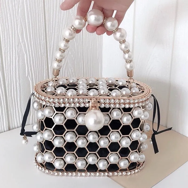 Luxy Moon Pearl Women's Handbag Wedding Clutch Purse Metal Basket Shoulder Bag