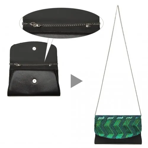 Miss Lulu Gorgeous Sequins Evening Clutch Bag - Black and Green - Chain Shoulder Bag