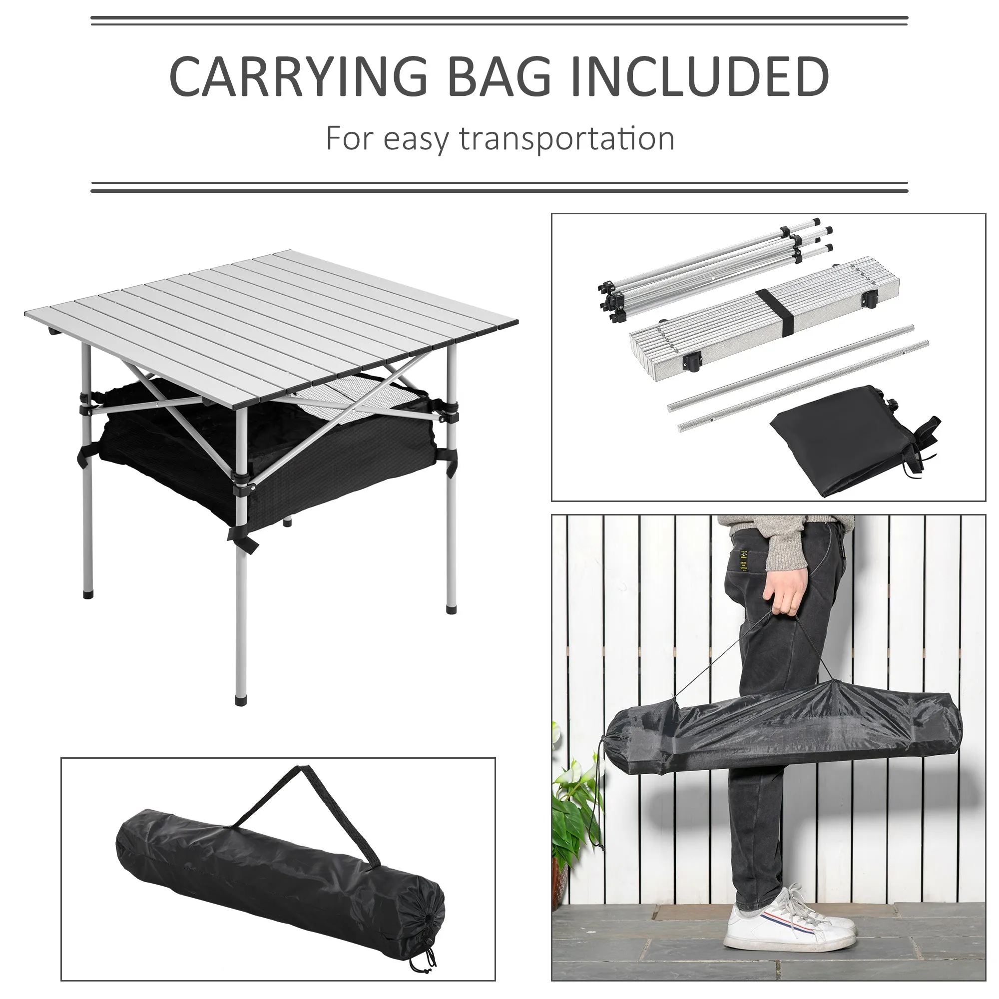 Outsunny Aluminum Camping Table Folding Table Picnic Table w/ Mesh  Bag, Silver