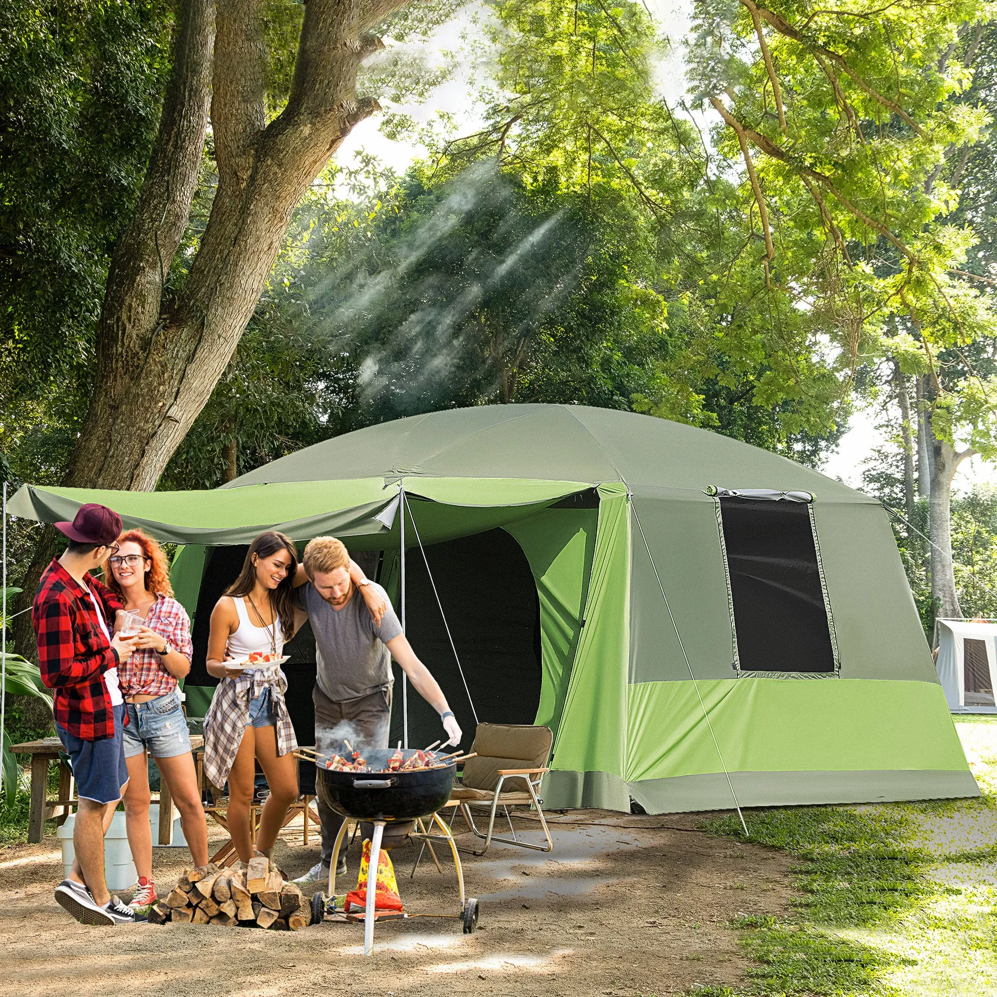 Outsunny Two Room Dome Tent Camping Shelter w/ Porch and Portable Carry Bag