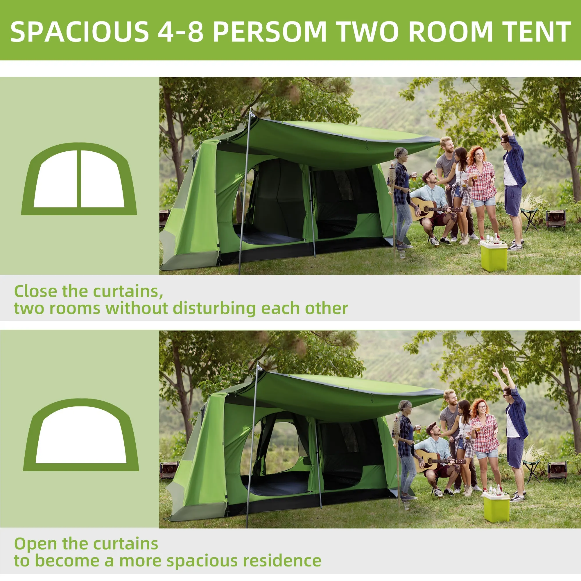 Outsunny Two Room Dome Tent Camping Shelter w/ Porch and Portable Carry Bag