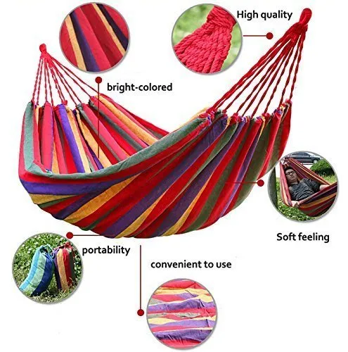 P-Plus International Outdoor Camping Canvas Ultralight Striped Fabric Portable Garden Hammocks with Strong Rope (280 x 150 cm, Red)