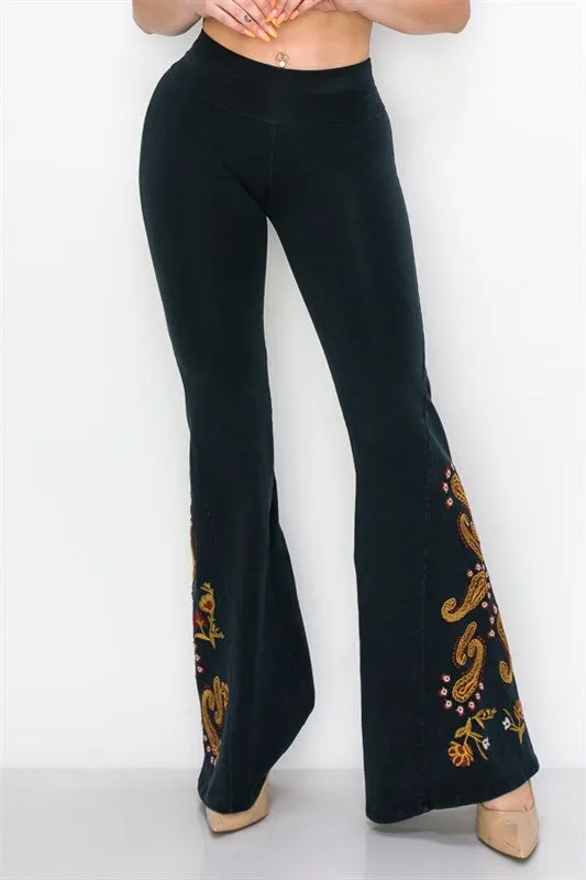 Paisley Embroidered Bell Bottom Yoga Pants