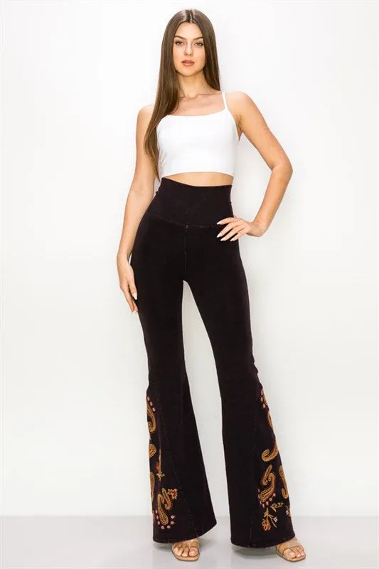 Paisley Embroidered Bell Bottom Yoga Pants