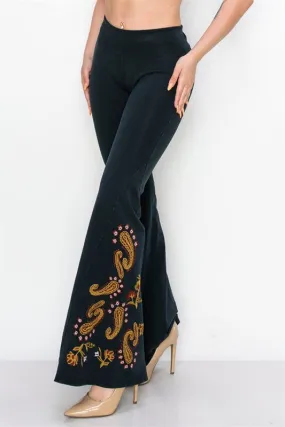 Paisley Embroidered Bell Bottom Yoga Pants