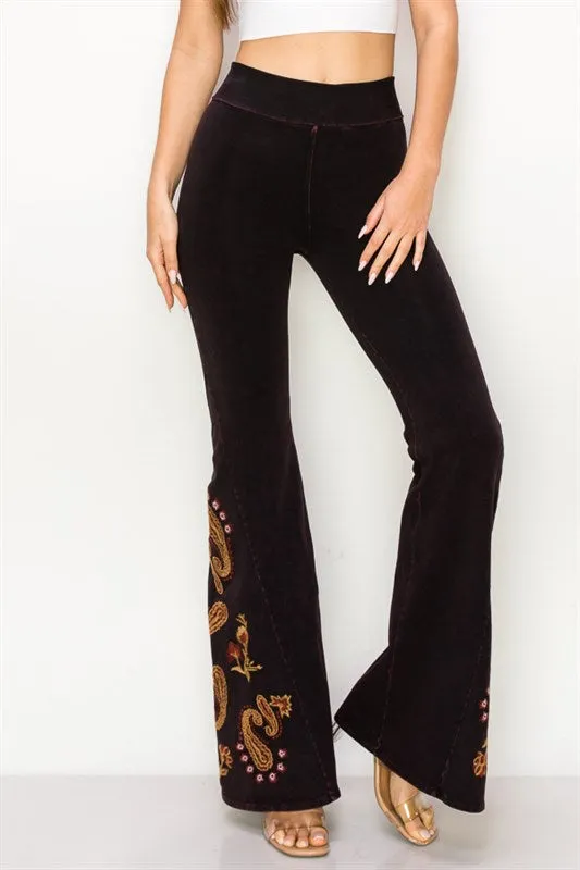 Paisley Embroidered Bell Bottom Yoga Pants