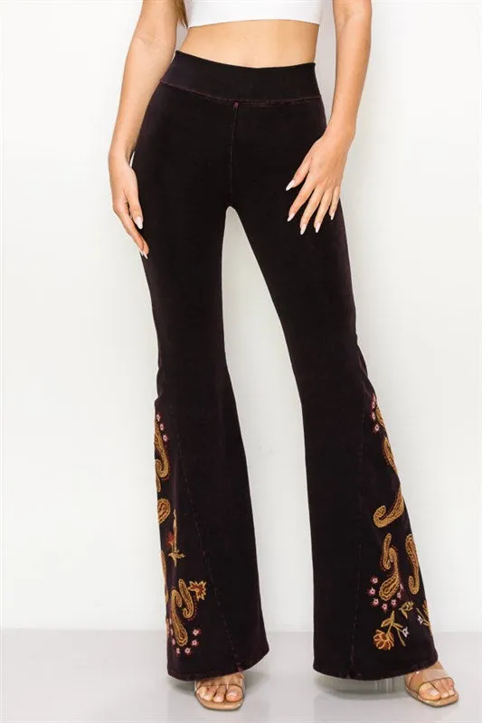 Paisley Embroidered Bell Bottom Yoga Pants