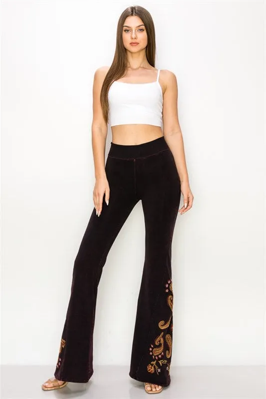 Paisley Embroidered Bell Bottom Yoga Pants