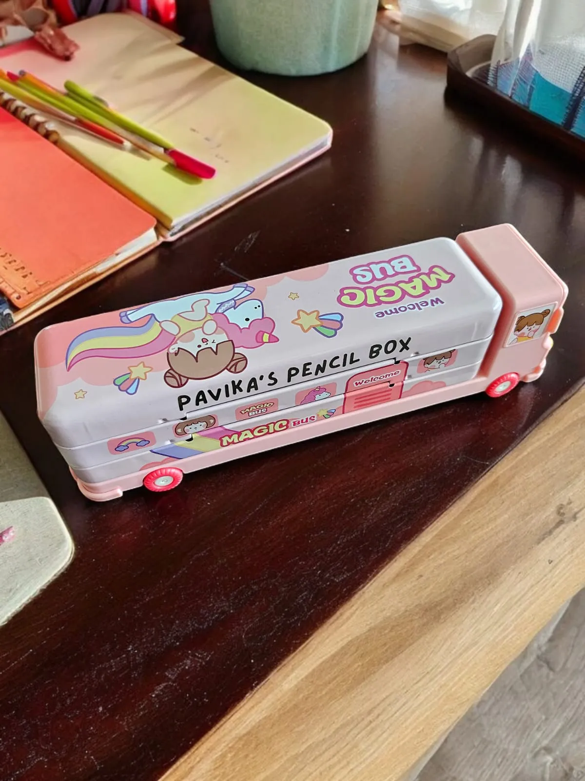 Personalised Pencil Box for Kids Magic Bus with Built-in Sharpener