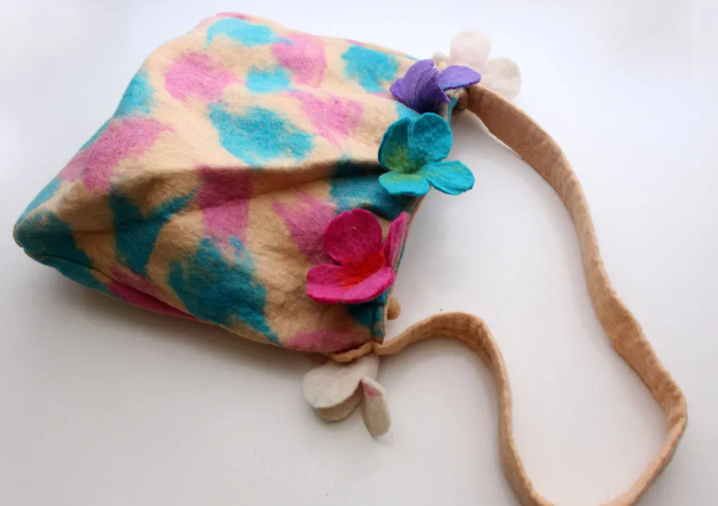 Pink, Blue and Purple Flower Adorned Felt Carry Bag