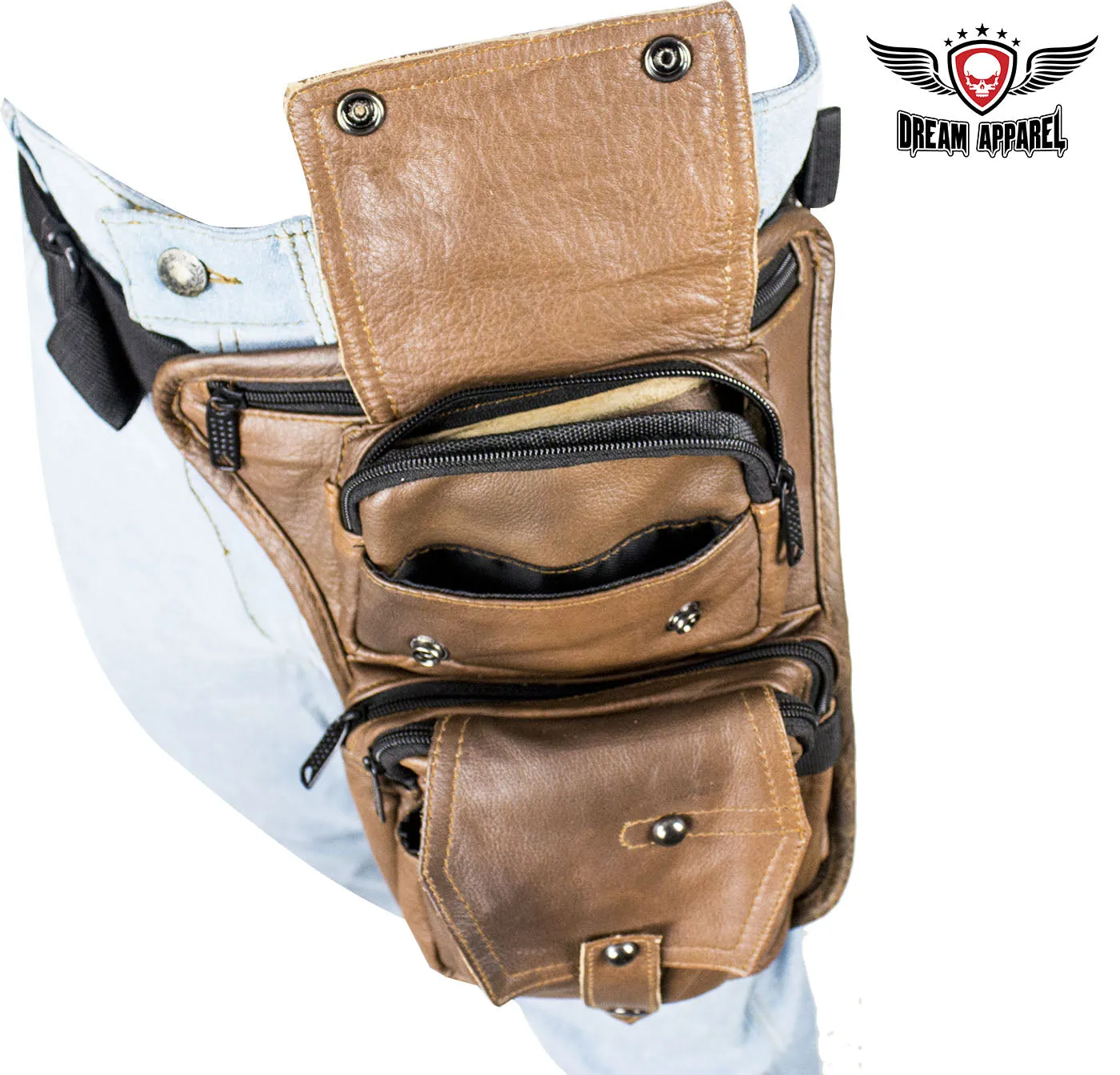 Premier Brown Leather Multi Pocket Thigh Bags with Gun Pocket