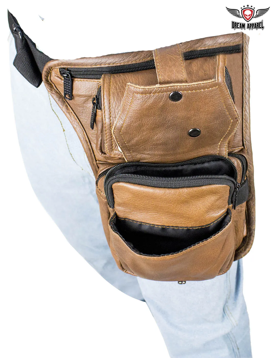 Premier Brown Leather Multi Pocket Thigh Bags with Gun Pocket