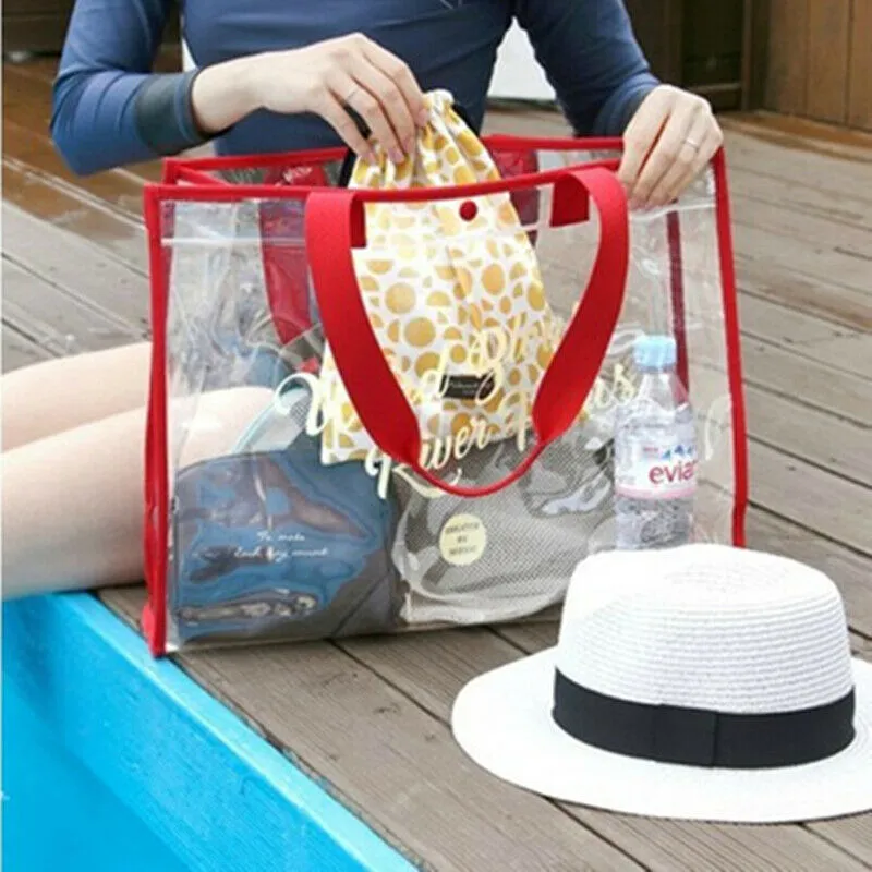 Red Waterproof Jelly Clear Transparent Tote Style Beach Bag