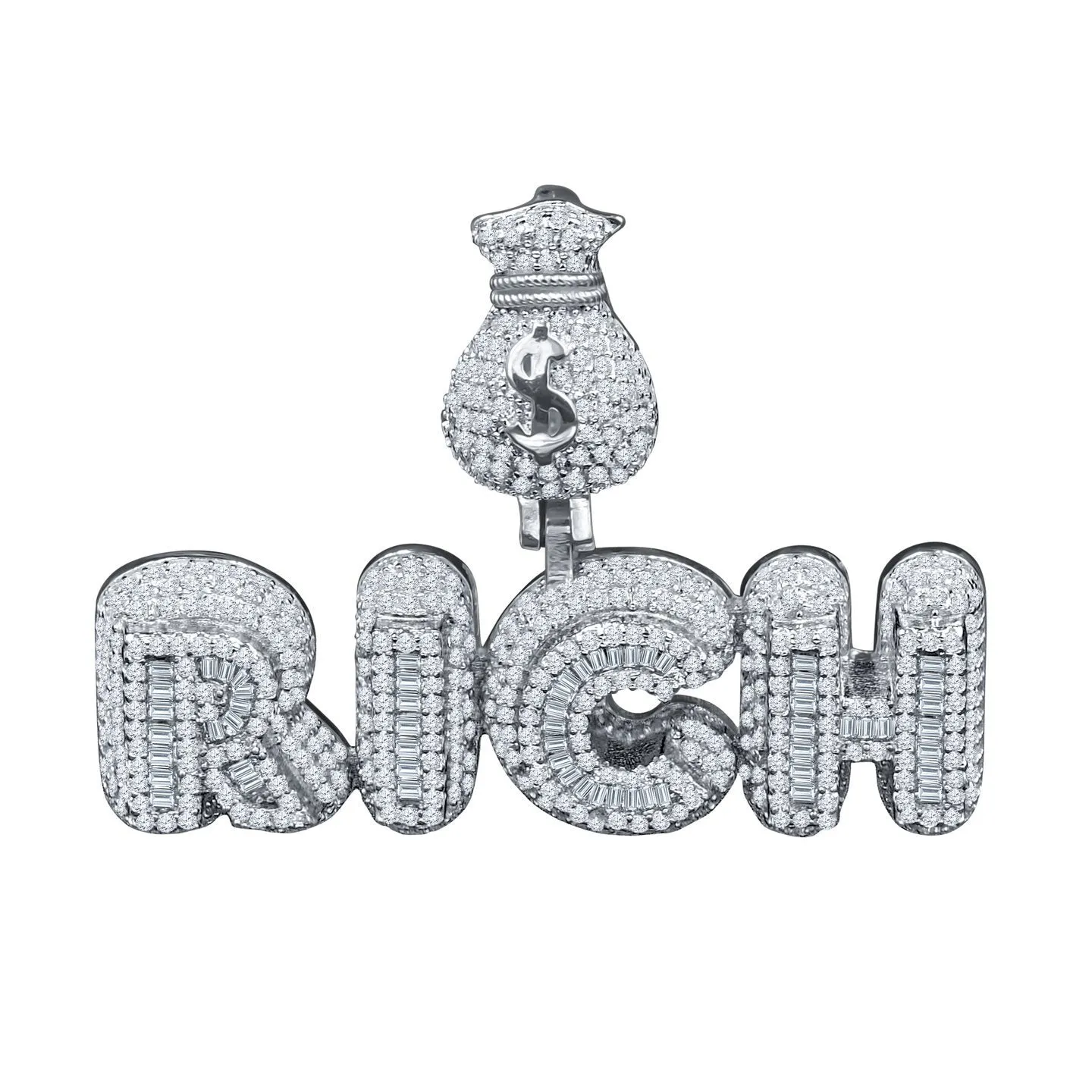 RICH Money Bag CZ Iced Out Pendant .925 Sterling Silver