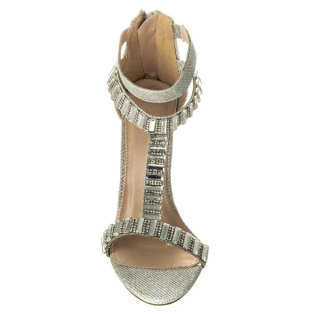 Sharon High Heel T-Bar Ankle Strap Jeweled And Diamante Sandal