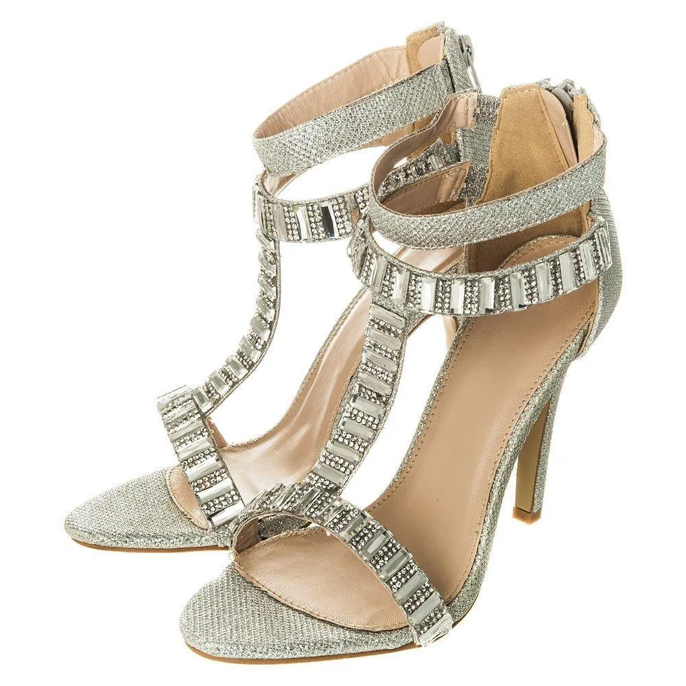 Sharon High Heel T-Bar Ankle Strap Jeweled And Diamante Sandal