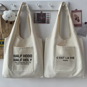 Shopping Bag Woman Bag Text Pattern Printing Series Beige Reusable Harajuku Commuter Simple Large Capacity Fashion Tote Bag