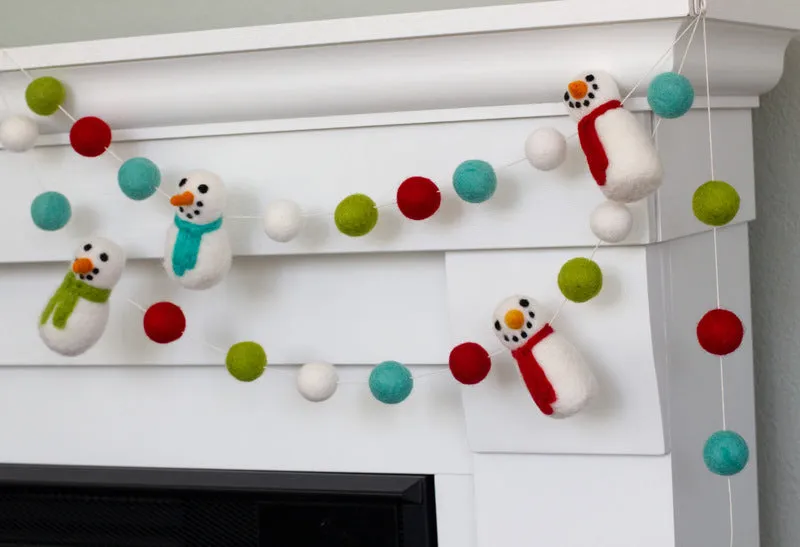 Snowman Felt Christmas Garland- Red, Green, Turquoise