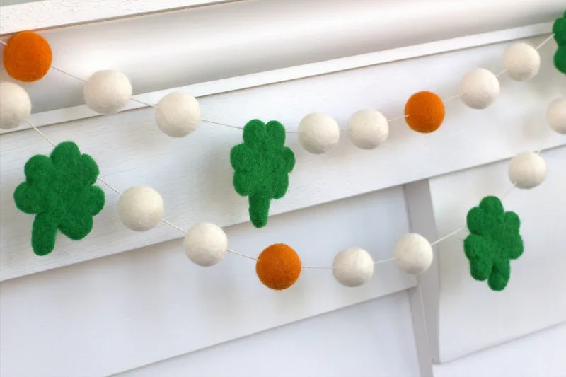 St. Patrick's Day Felt Garland- Orange & White with Green Shamrocks