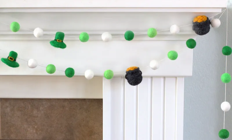 St. Patrick's Day Pot of Gold & Leprechaun Felt Ball Garland- Green & White