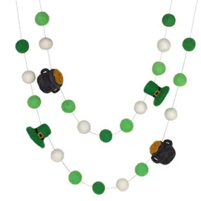 St. Patrick's Day Pot of Gold & Leprechaun Felt Ball Garland- Green & White