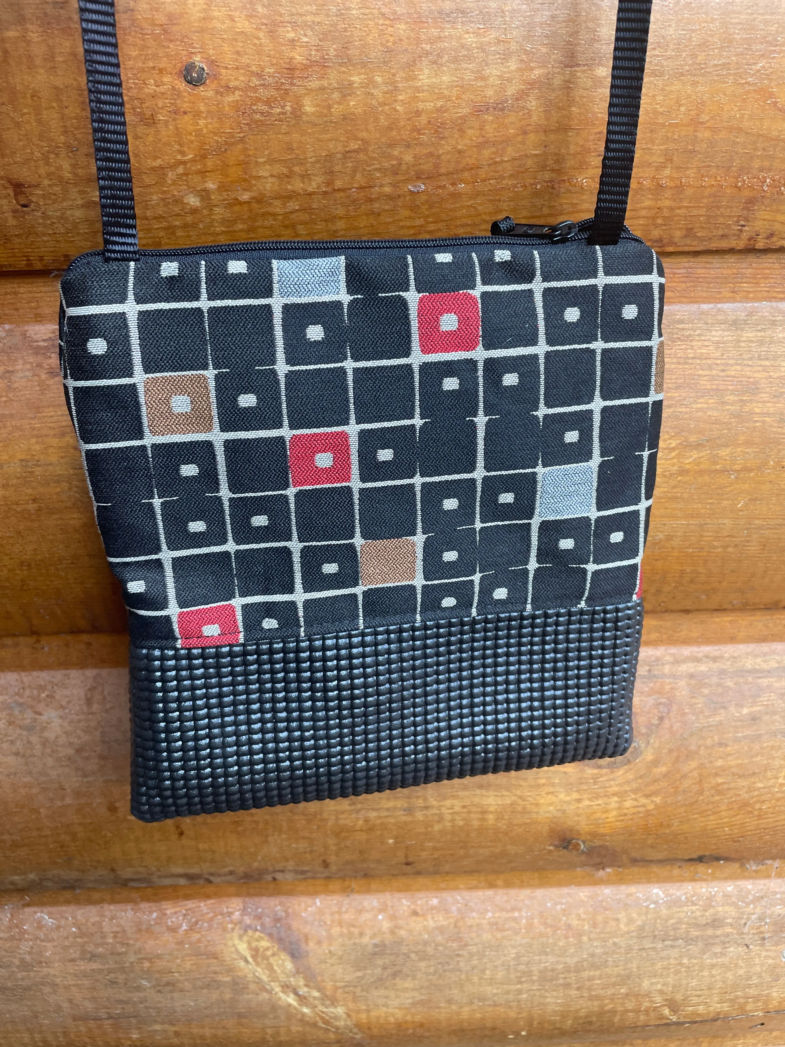 Stella Black Cross Body Purse-Squares Print Fabric