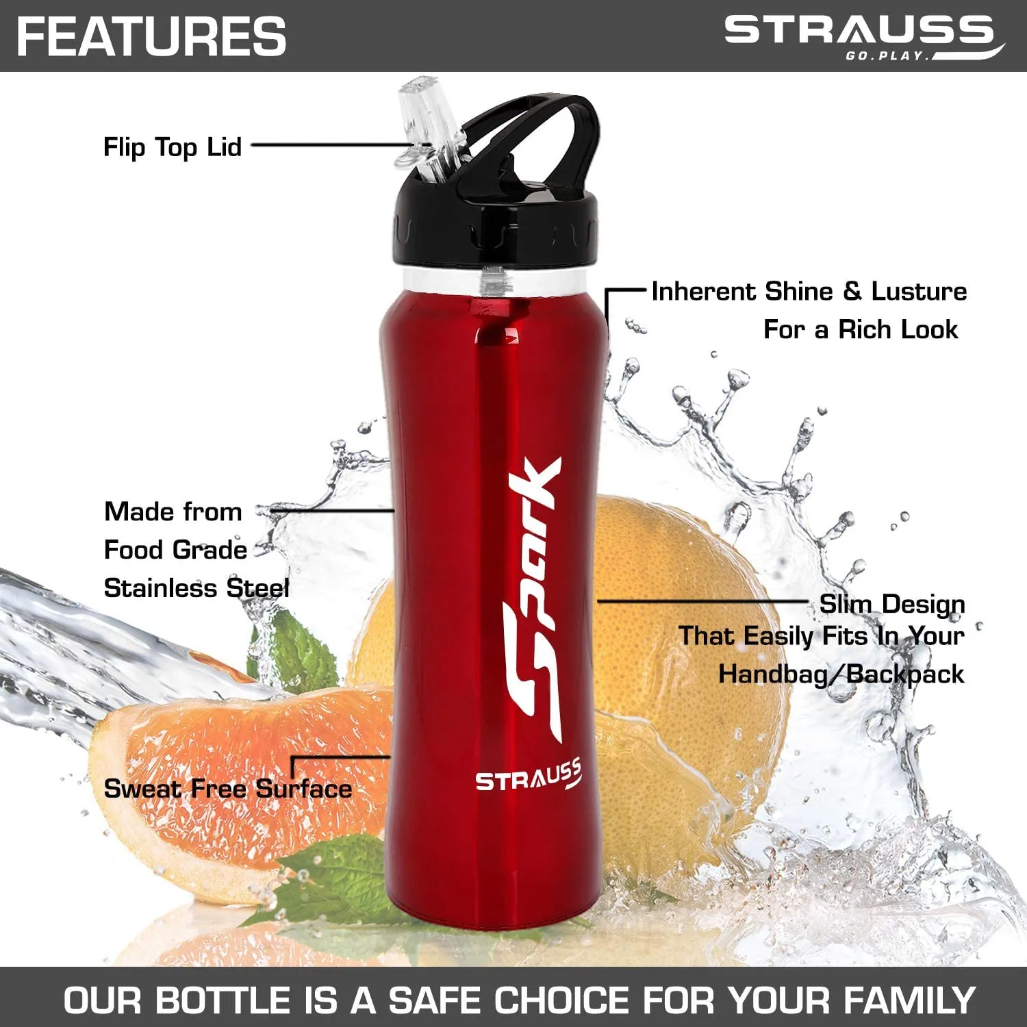 STRAUSS Spark Stainless Steel Water Bottle, Metal Finish | Sipper Bottle | Gym Bottle | Pack of 2(Red)