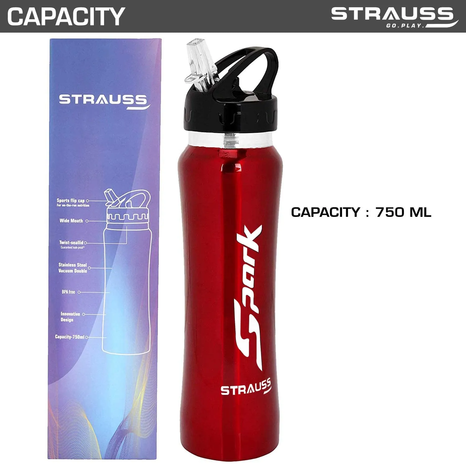 STRAUSS Spark Stainless Steel Water Bottle, Metal Finish | Sipper Bottle | Gym Bottle | Pack of 2(Red)