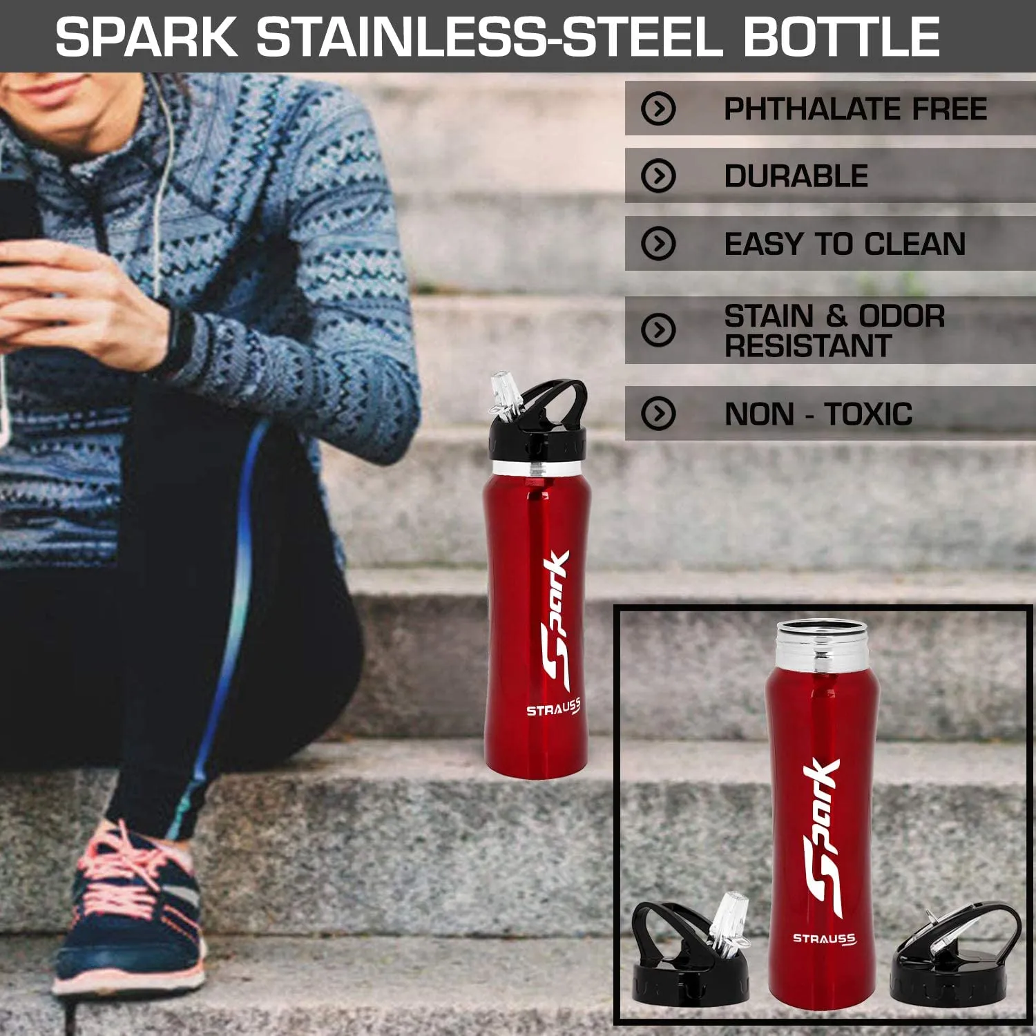 STRAUSS Spark Stainless Steel Water Bottle, Metal Finish | Sipper Bottle | Gym Bottle | Pack of 2(Red)