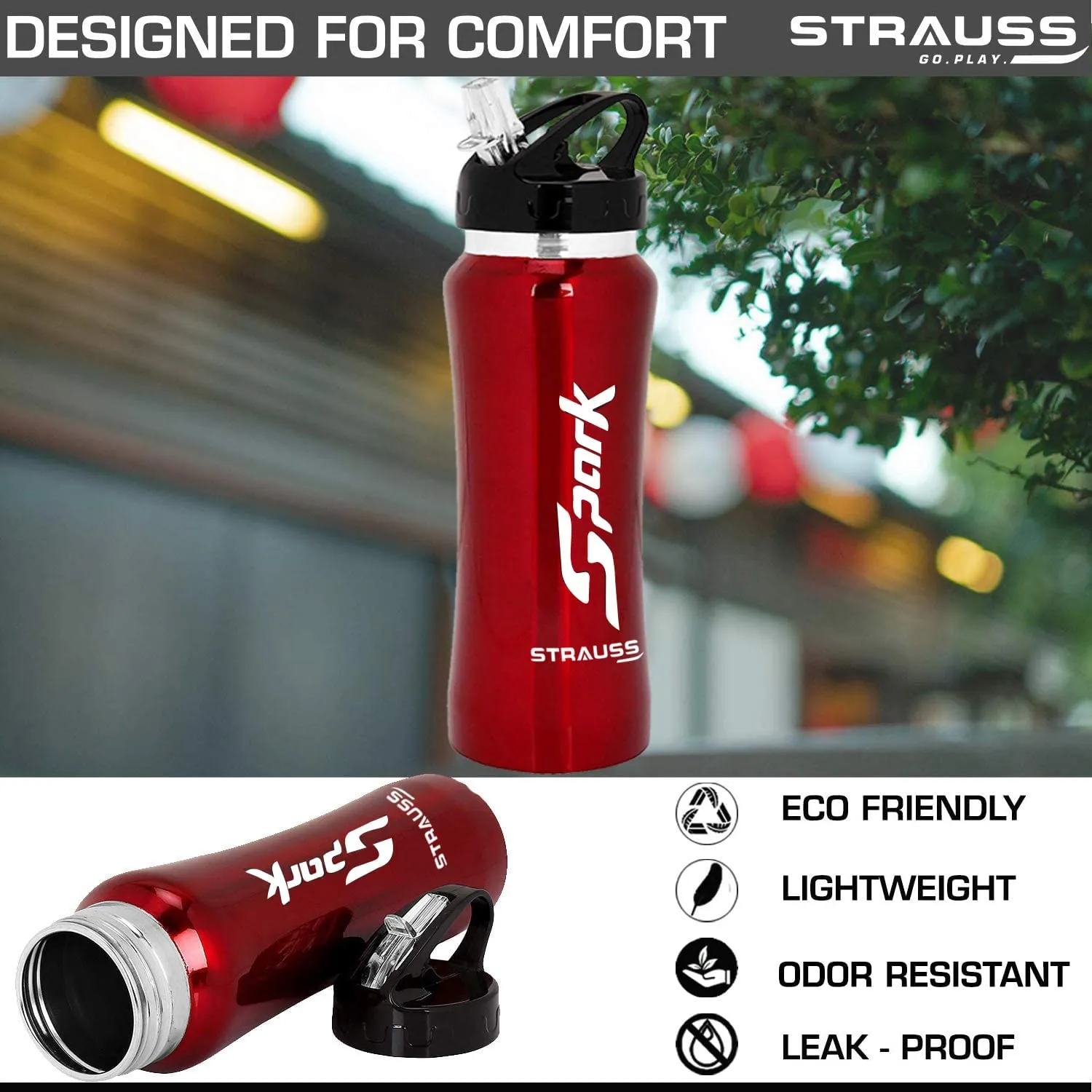 STRAUSS Spark Stainless Steel Water Bottle, Metal Finish | Sipper Bottle | Gym Bottle | Pack of 2(Red)