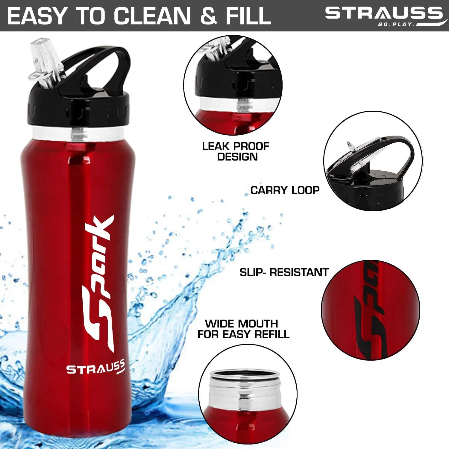 STRAUSS Spark Stainless Steel Water Bottle, Metal Finish | Sipper Bottle | Gym Bottle | Pack of 2(Red)