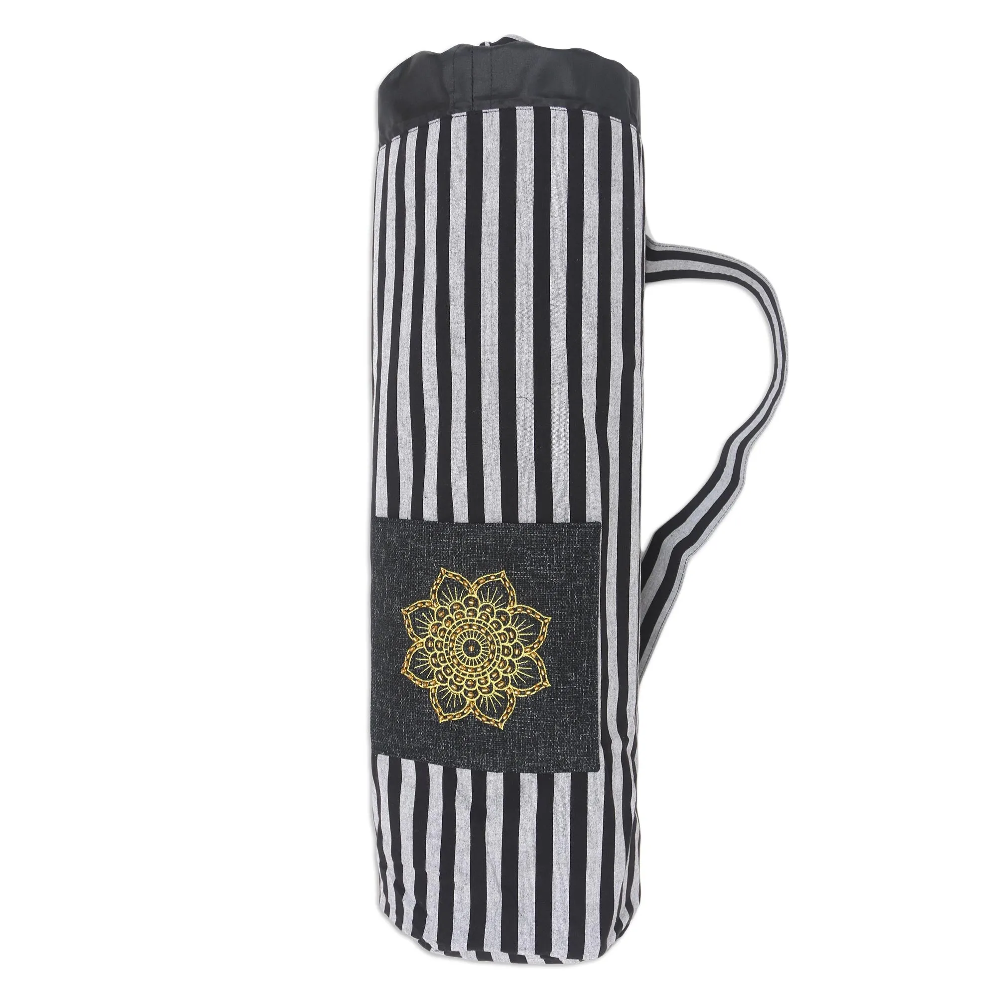 Striped Mandala in Black Ikat Cotton Yoga Mat Bag with Stripe Motif