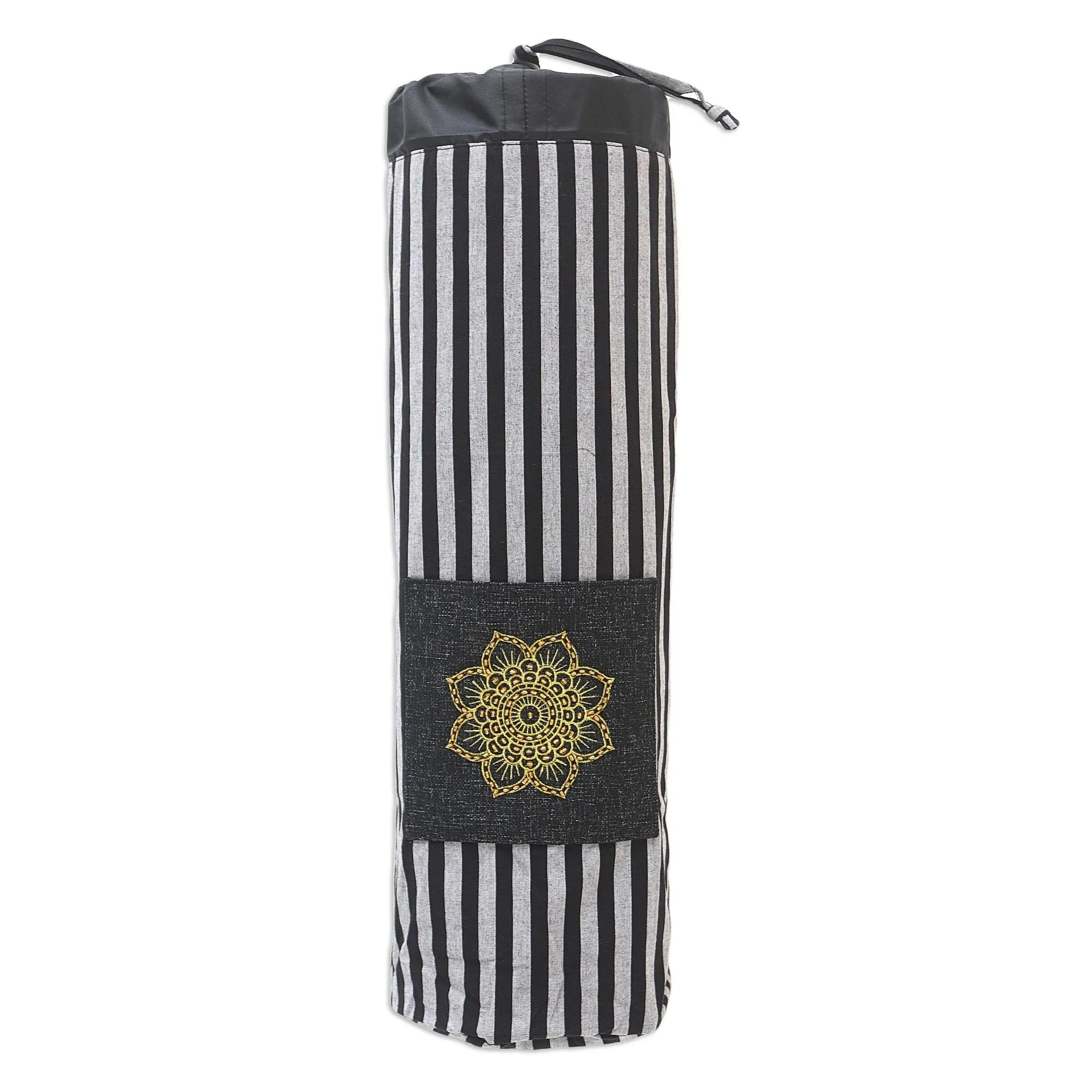 Striped Mandala in Black Ikat Cotton Yoga Mat Bag with Stripe Motif