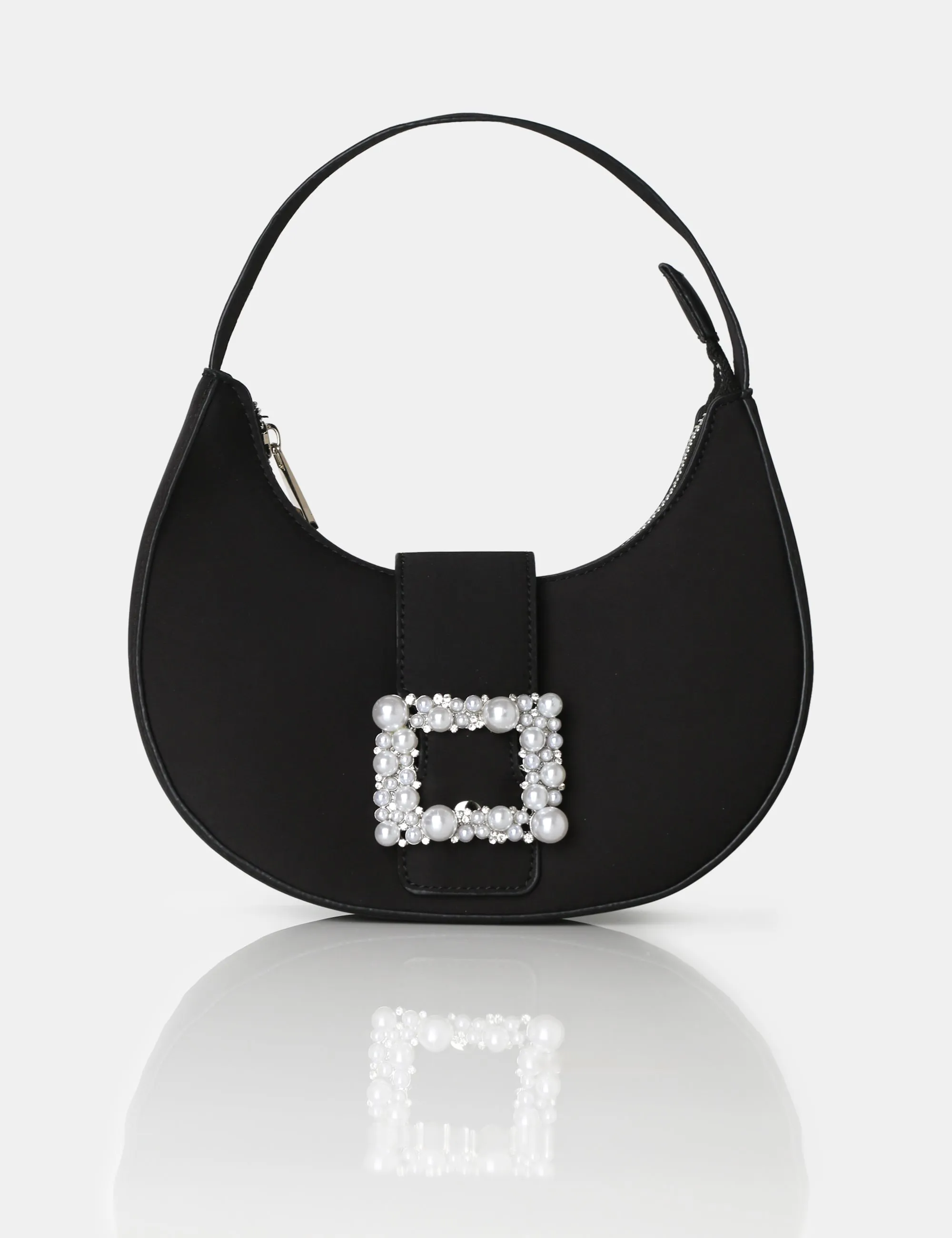 The Pearl Black Satin Pearled Buckle Mini Bag