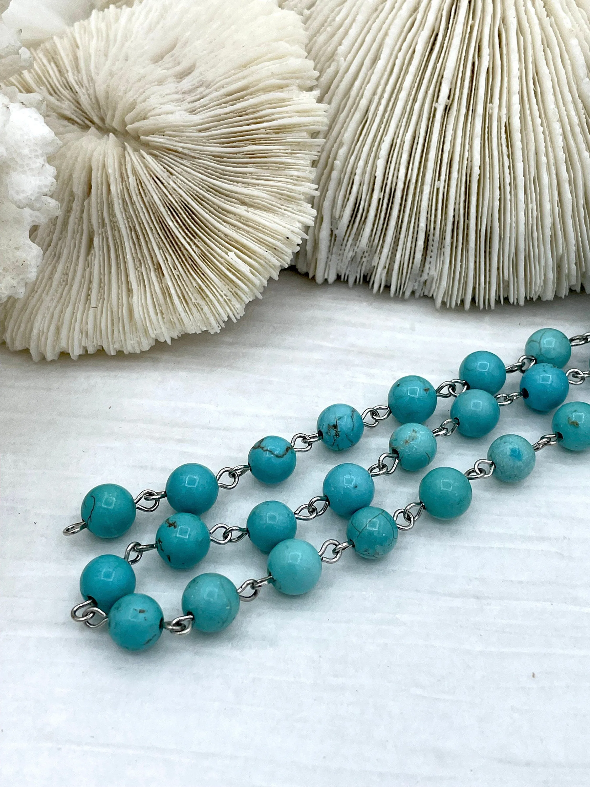 Turquoise Howlite Rosary Chain, Silver wire links, 6mm or 8mm round stone beaded chain 1 Meter (39 inches) Fast Ship