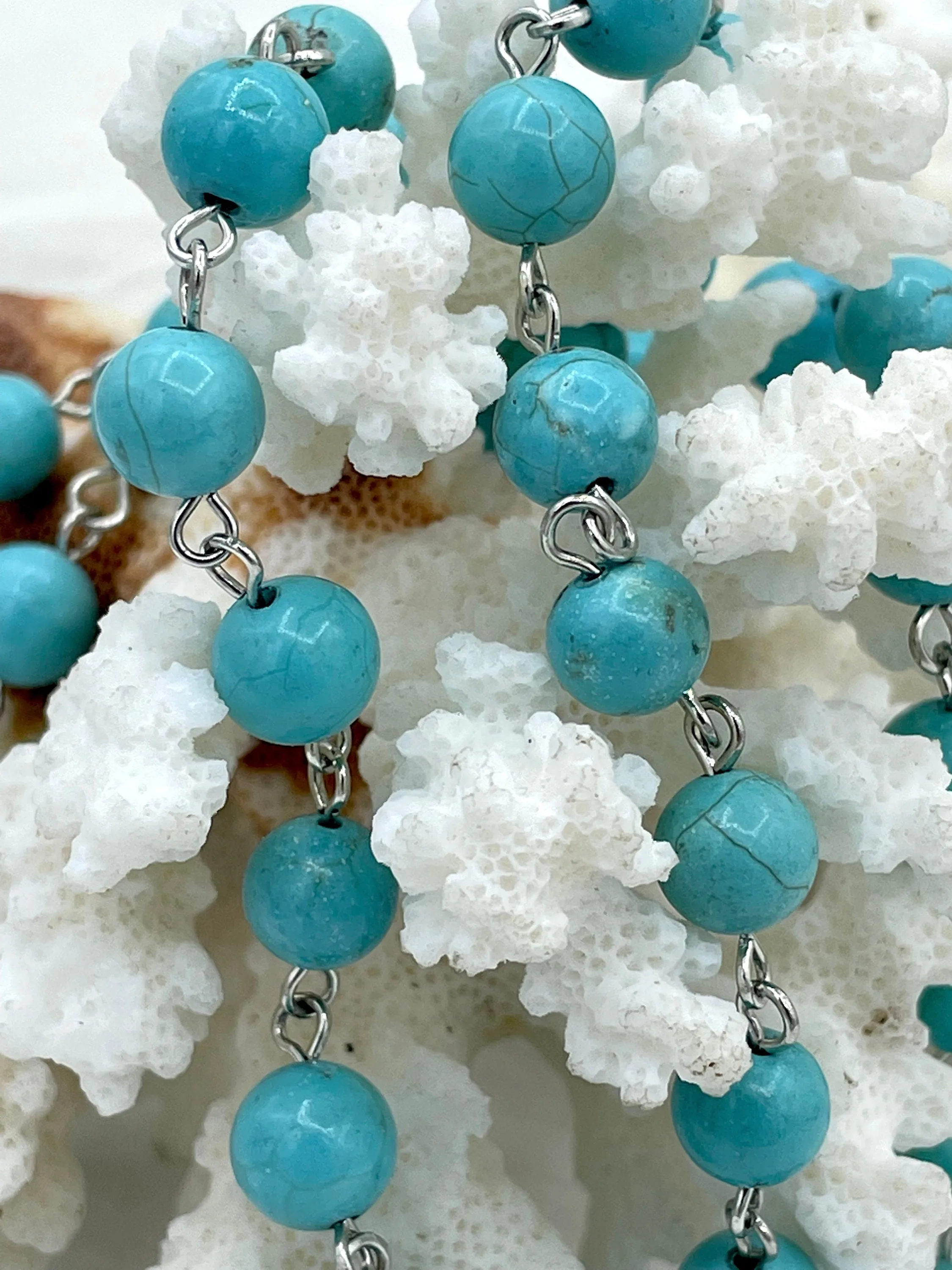 Turquoise Howlite Rosary Chain, Silver wire links, 6mm or 8mm round stone beaded chain 1 Meter (39 inches) Fast Ship