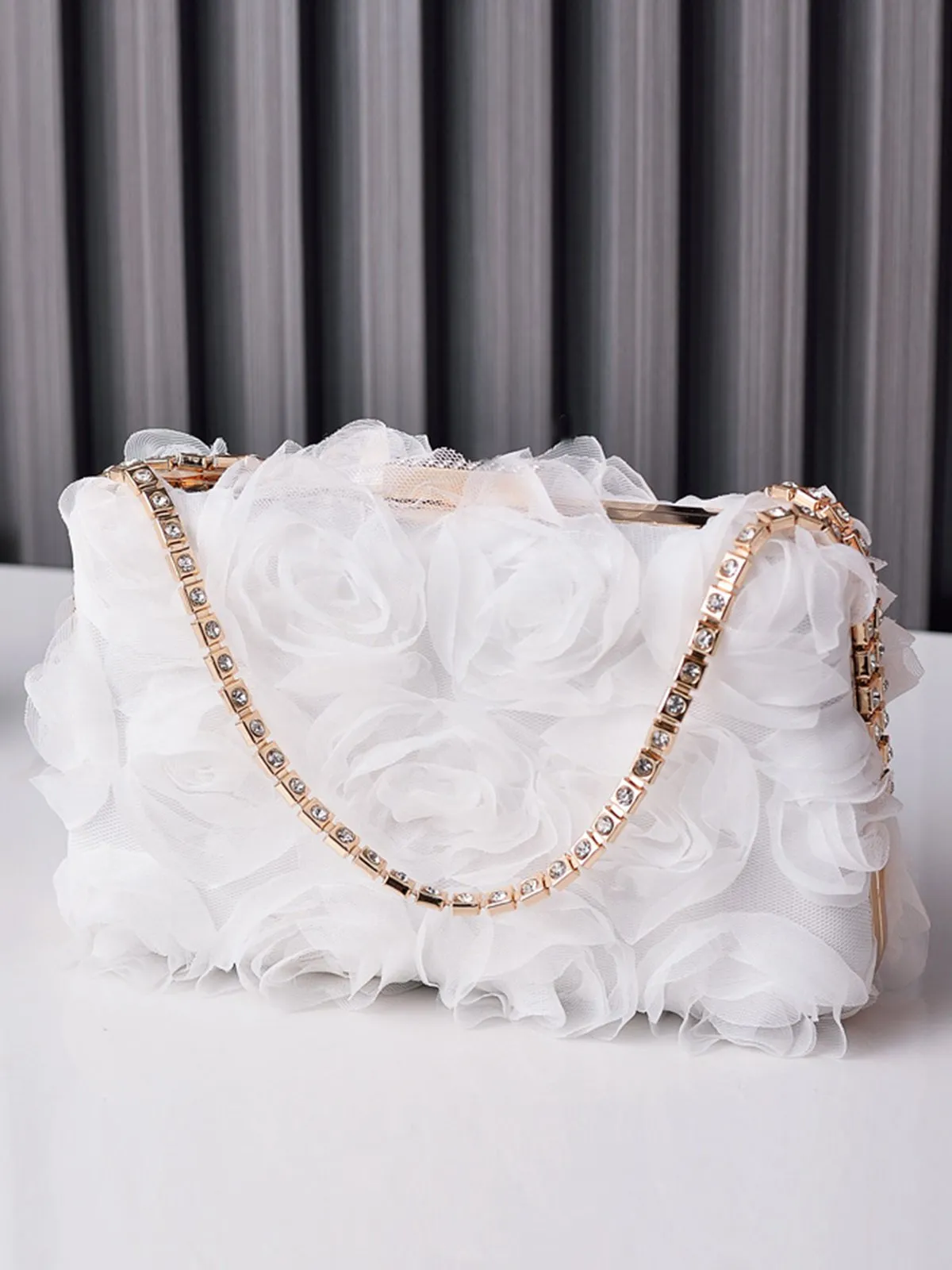 Vintage Chiffon Flower Rhinestones Handle Bag