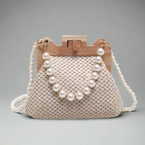 Women's Pearl Chain Handle Straw Woven Shoulder Bag