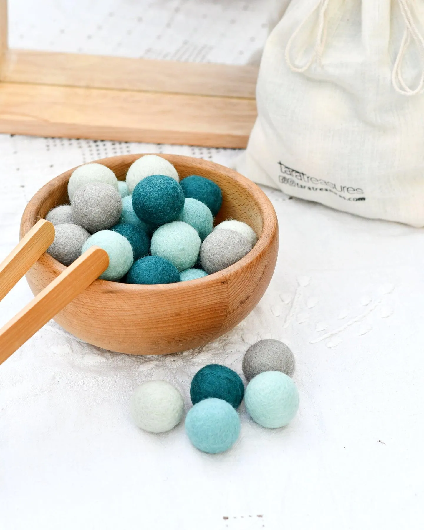 Wool Felt Balls in a Pouch - Blue Tones 3cm 30 balls