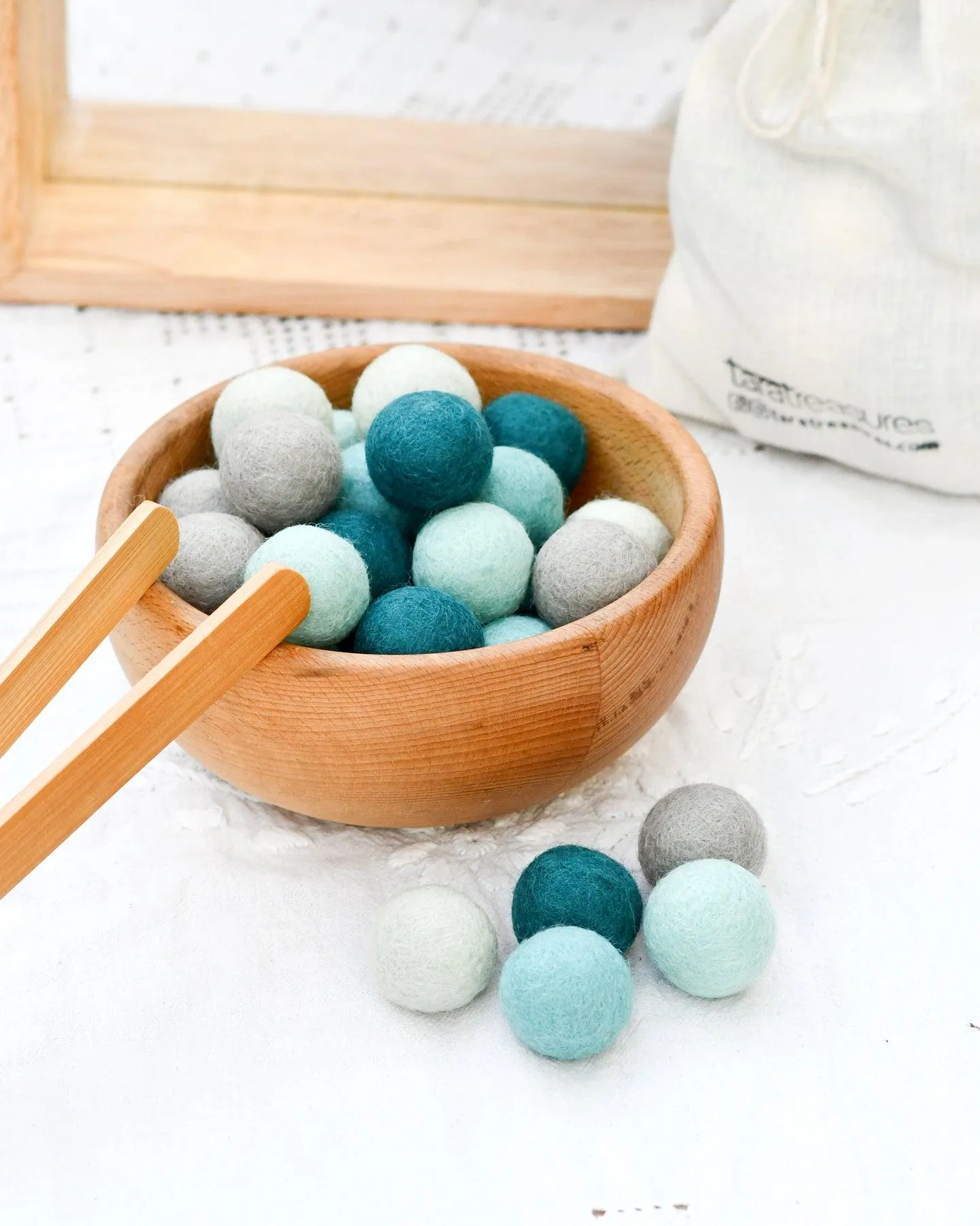 Wool Felt Balls in a Pouch - Blue Tones 3cm 30 balls